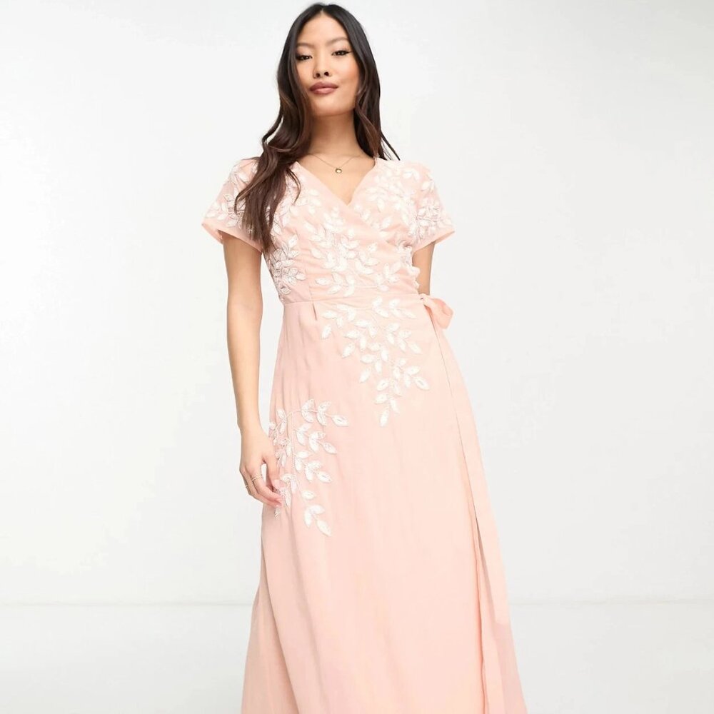 Maya wrap midaxi dress with contrast embroidery in peach-Pink